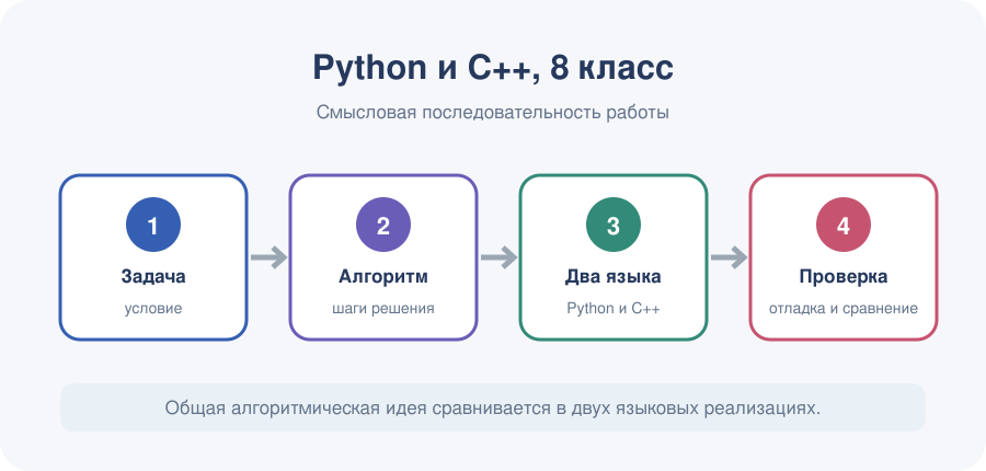 Один алгоритм осмысляется, реализуется на Python и C++, отлаживается и сравнивается.