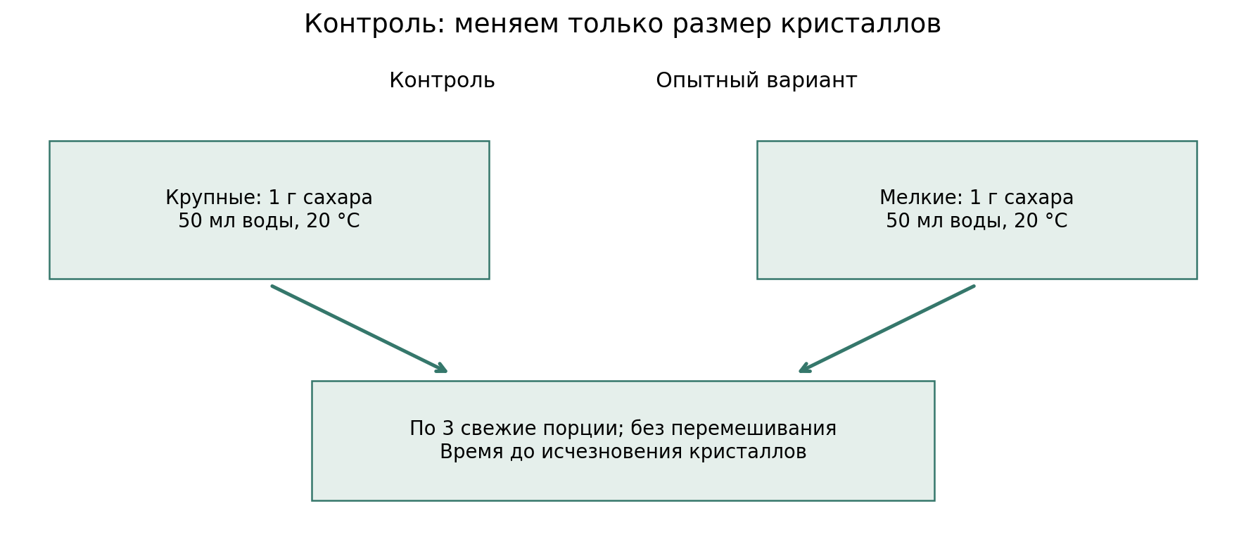 Логика контролируемого сравнения: один фактор меняется, остальные условия заданы одинаково. Отдельные свежие порции дают повторы; итоговый вывод опирается на результат и разброс, а не на первоначальное ожидание.
