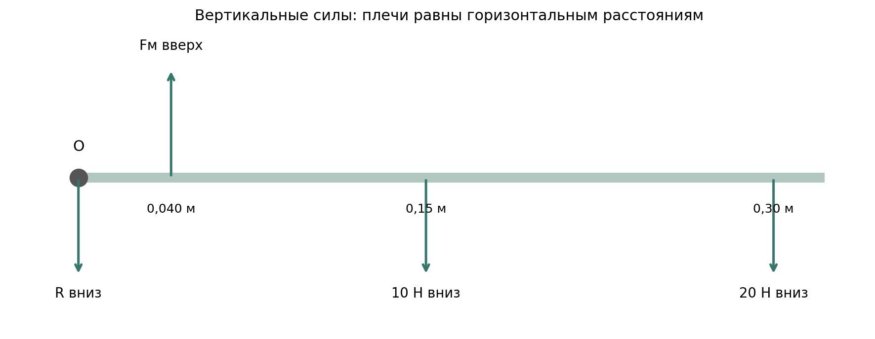 Силовая схема горизонтального предплечья: О — локоть, R — реакция сустава вниз; сила мышцы вверх на 0,040 м; вес предплечья вниз на 0,15 м; груз вниз на 0,30 м. Размеры заданы под схемой, длину стрелки не используют как меру силы.