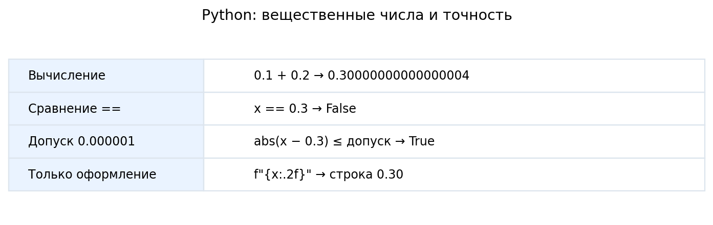 Три разных действия: вычислить float → проверить ошибку по допуску → оформить строку с двумя знаками.
