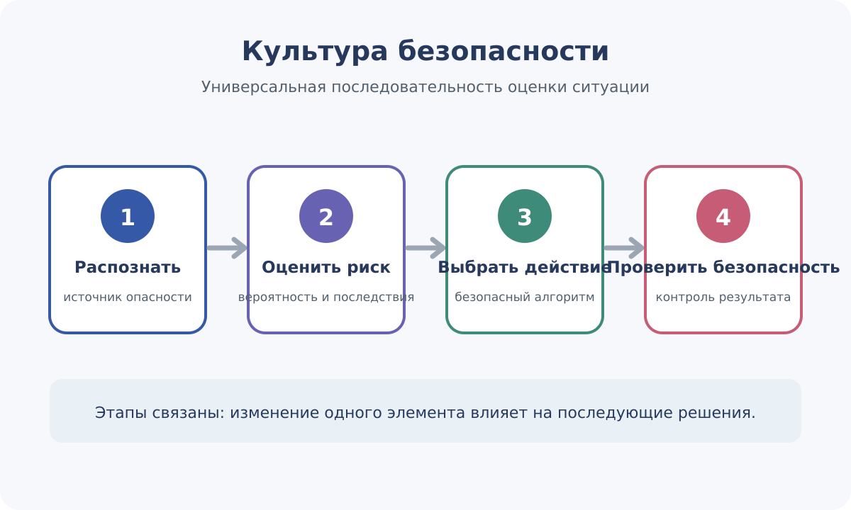 Последовательность безопасной оценки ситуации и выбора действий.