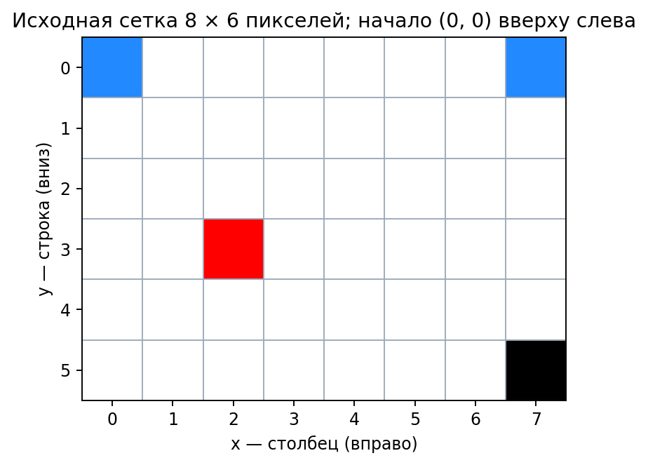 Исходная сетка 8 × 6: синие точки (0, 0), (7, 0); красная (2, 3); чёрная (7, 5). x растёт вправо, y — вниз.