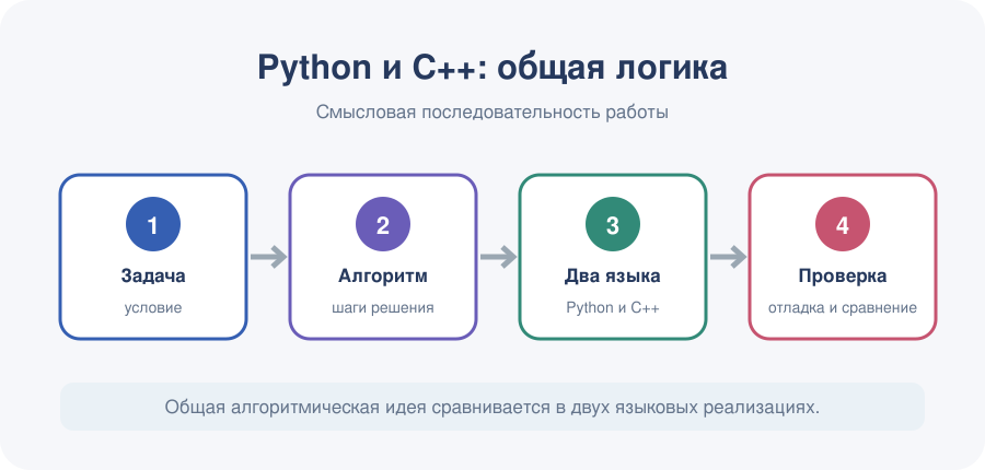 Учебная задача переходит в алгоритм, две реализации, отладку и сравнение.